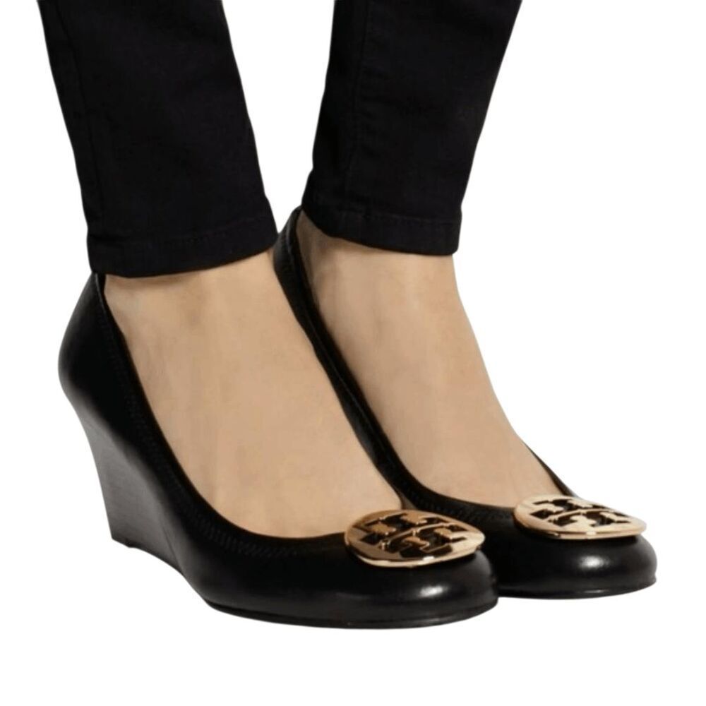 TORY BURCH Sally Black Leather Wedge Pumps Size 8
